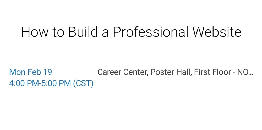 Screenshot of the conference app for the website session: "How to build a professional website", Mon Feb 19, 4-5pm CST, Poster Hall