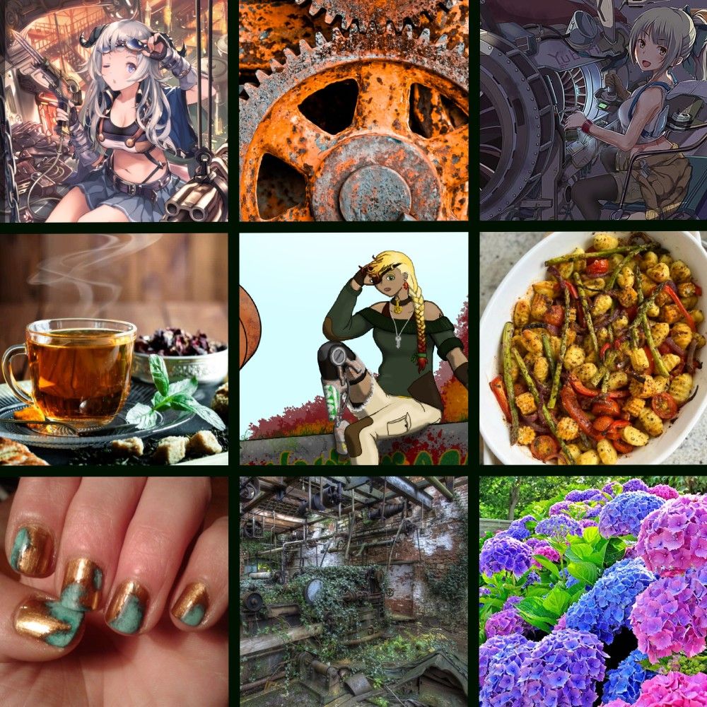 Autumn's model is in the center. Arranged around it are eight images, which are (in clockwise order): Rusty gears; A mechanic working on a jet engine; roasted vegetable gnocci; hydrangeas in various colors (pink, purple, and blue); an abandoned and overgrown factory; nails painted like oxidized copper; a cup of black tea; and an anime inventor girl (specifically the Inspired Inventor from Shadowverse).