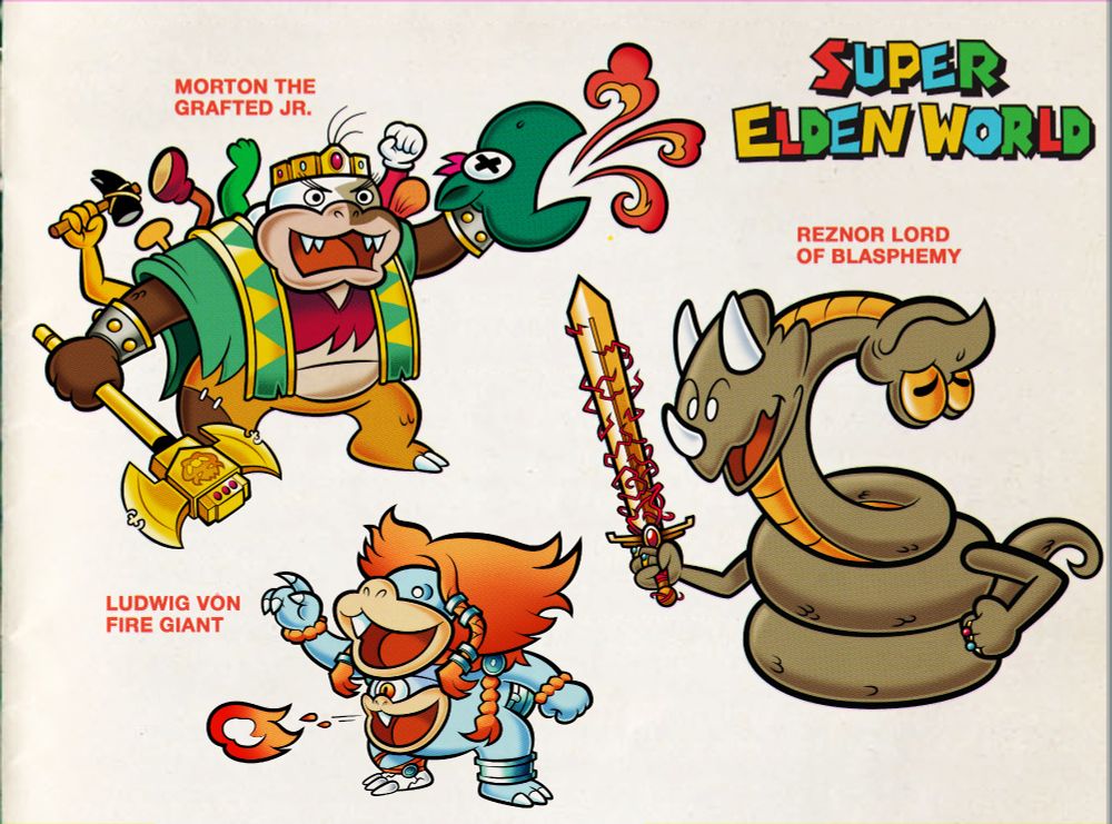 Fanart combining characters from Super Mario World and Elden Ring. Characters depicted are combinations of Morton Koopa Jr./Godrick the Grafted, Ludwig Von Koopa/the Fire Giant, and Reznor/Rykard