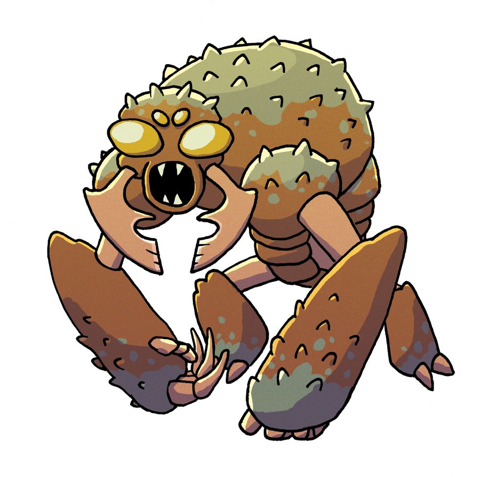 Bulky, brown bug man with big yellow eyes, big claws, and big pincers