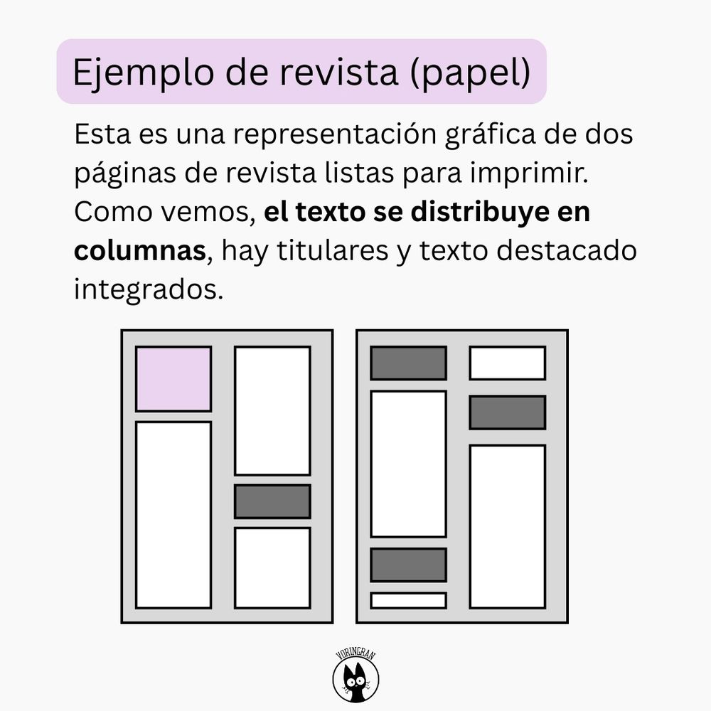 Ejemplo de revista (papel)

Esta es una representación gráfica de dos páginas de revista listas para imprimir. Como vemos, el texto se distribuye en columnas, hay titulares y texto destacado integrados.