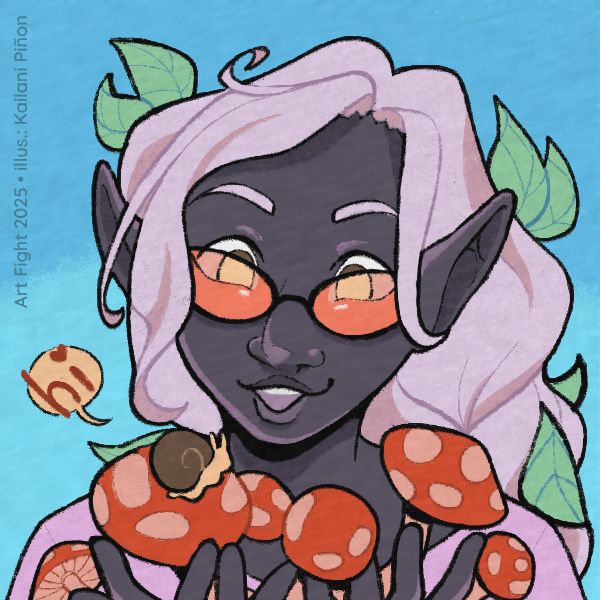 Artwork of a elf-like woman with dark gray skin and white-pink hair. She is wearing orange glasses and leaves are scattered in her braided hair. She is examining a handful of red mushrooms. A small snail sits on one of the mushroom caps. The woman cheerfully greets the snail.