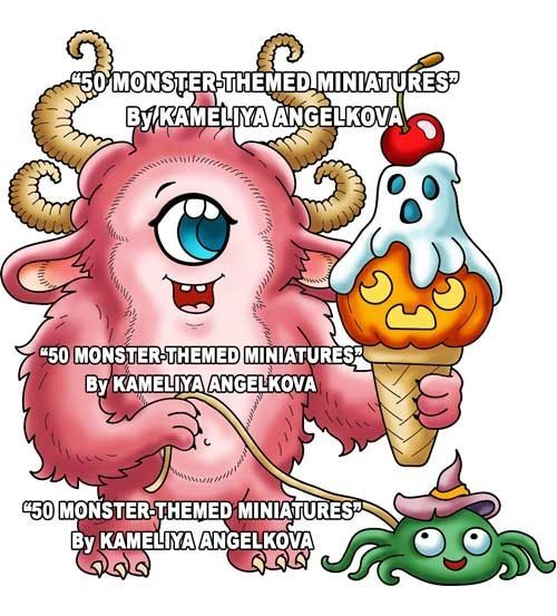 A one-eyed pink monster eating a creepy ice-cream (made of a pumpkin with a cream 9ver it that looks like a ghost and a small cherry on the top) while walking with a small green spider that is its pet. A funny spooky colored illustration from the hand-drawn coloring book: "50 MONSTER-THEMED MINIATURES" by Kameliya Angelkova