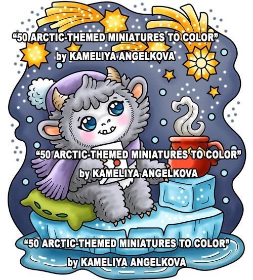 A cute Yeti sitting on a pillow on an iceberg. Thre is a mug with a hot cocoa standing on an ice cube. The Yeti is holding his mail for Santa and watching towards the night sky. There sparkling stars are falling. This is a digitally (manually) colored illustration from the hand-drawn coloring book: "50 ARCTIC-THEMED MINIATURES" by Kameliya Angelkova