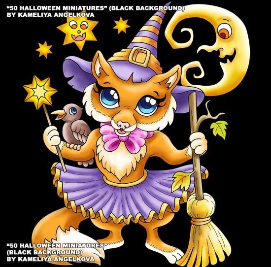A cute fox dressed as a witch. She is holding a broom and a magic wand. A craw is standing on her arm. A crescent  moon an some stars on the background.  A colored illustration from the hand-drawn coloring book: "50 HALLOWEEN MINIATURES" by Kameliya Angelkova  