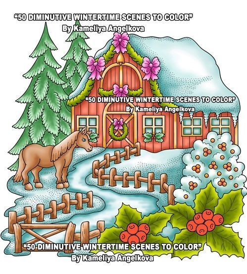 A covered with snow farm, decorated for Christmas. A frosted path with a wooden fence, leading to the farm. A horse 9n the left and two fir trees. A shrub and holly plants on the right. This is a digitally (manually) colored illustration from the hand-drawn coloring book: "50 DIMINUTIVE WINTERTIME SCENES" Kameliya Angelkova