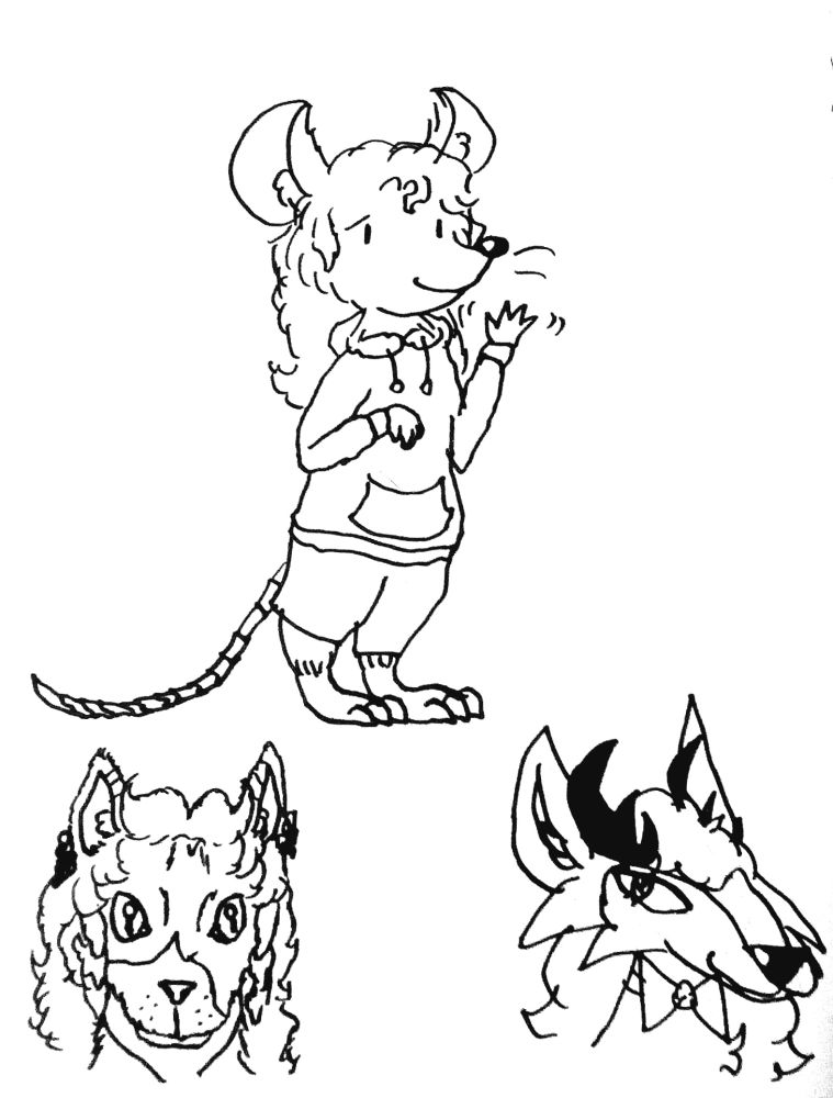 drawings of (clockwise from top): a mouse, a fox-deer hybrid, and a cat
