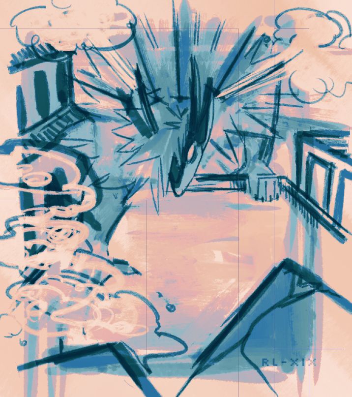 digital doodle; Aurelius (a giant weasel-hedgehog sort of anthro-mess) looms over a rooftop, framed by two more. Behind her is her explosive mane, and her eye burns bright in her tilted head. She's crawling towards the viewer. The foreground is a collapsed rooftop and dust obscuring Aurelius. The doodle is dark blue ink on orange and white smears.