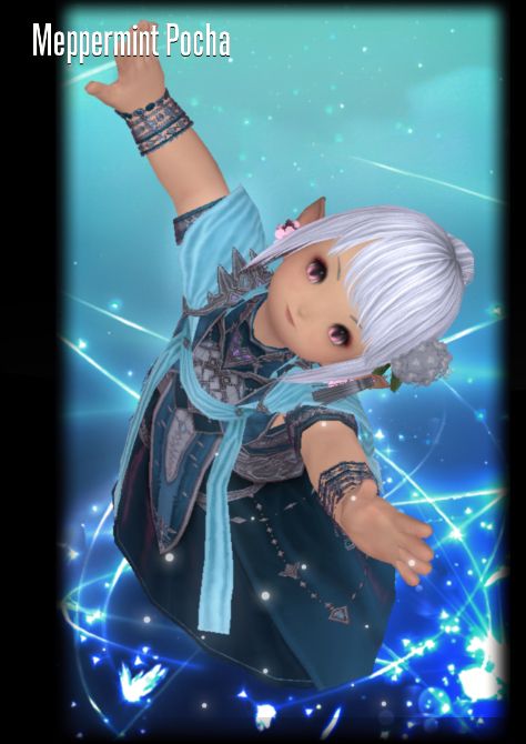 lalafell female in final fantasy xiv dancing on a blue & turquoise sparkly background. She is smiling, has pink eyes, white hair & a teal long dress.