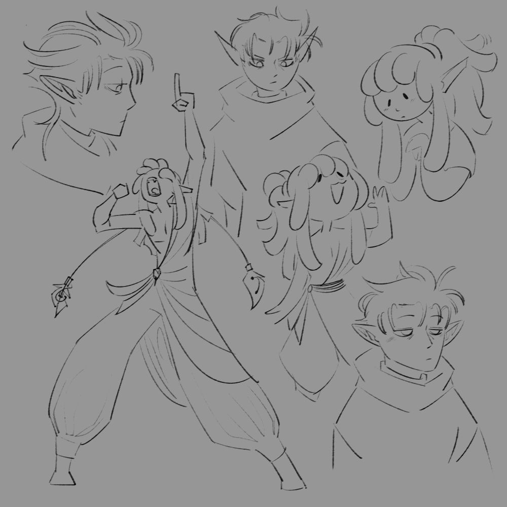 Sketches of Fyune and Kolvek in various poses. Kolvek is more chibi than he is usually and Fyune is just a tired guy