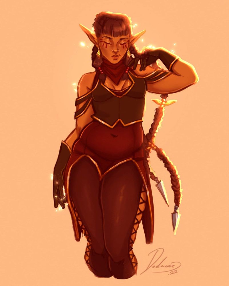 A digital illustration of my oc Xō in her disguised elven form. Here she has sun-kissed skin with some golden light bouncing off the back of her head, forming some backlighting. She stands with a hip cocked to one side and is mid-flicking out one of her two long braids behind her back. 