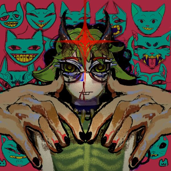 Black and green haired girl with Buck teeth. She has green spiral eyes going through your soul, black horns and a green skeleton shirt. Gigantous hands are on the front of the picture, the background is red with multiple freaky quirky teal cats (bless them) with one being really similar to gumball 