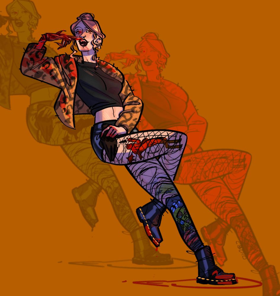 A red-headed vampire licks blood off a red crystal claw. She is wearing a leopard print jacket, black crop top exposing her belly, and a short leather skirt. On her legs are fishnet tights revealing tattoos. She is wearing Doctor Martens boots.