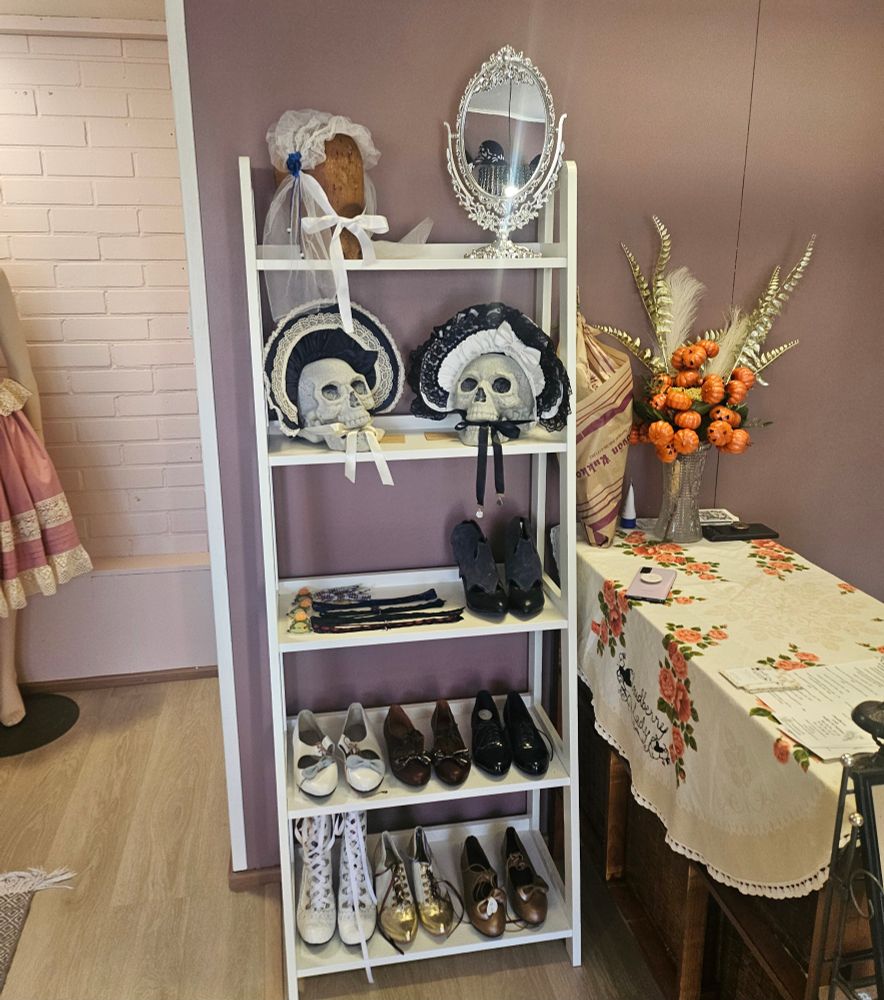 Shop shelf with shoes and headdresses