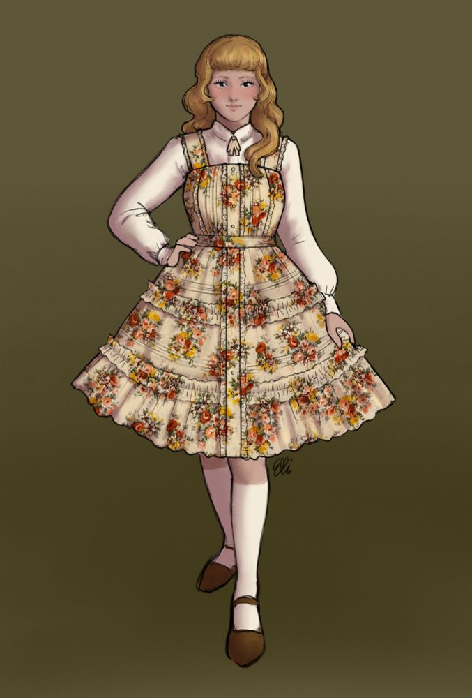 Fashion illustration showing a blond person wearing a floral print lolita dress