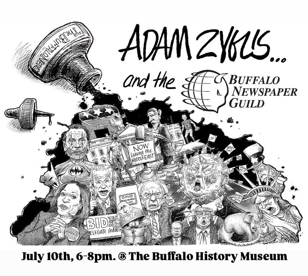 Compilation of Adam Zyglis' political cartoons in promotional image for July 10 event at Buffalo History Museum