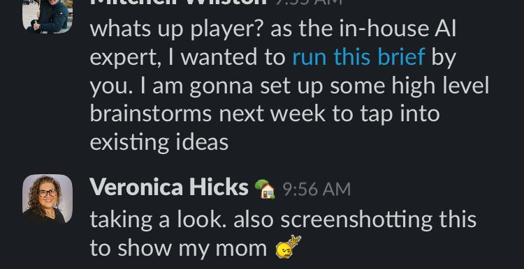 Slack message in which the user is referred to as the in house
AI expert. 