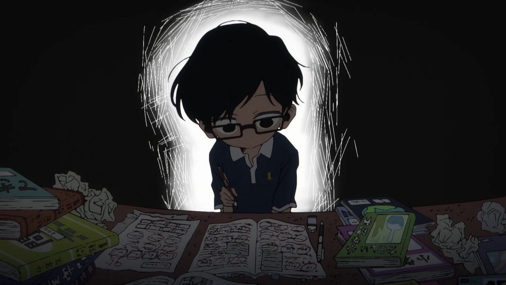 Boy sitting with a deadpan expression looking over a messy desk full of homework. The background is pitch black. The background space directly around him is hashed with white pen marks.