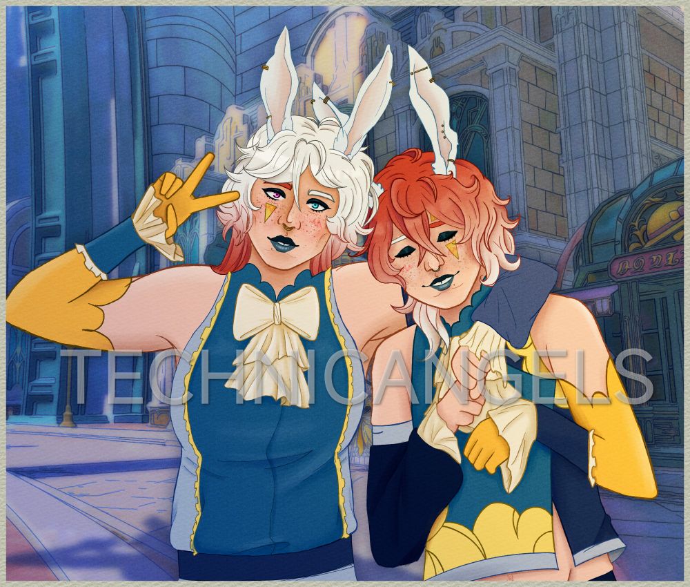 a digital waist-up drawing of two twins, one a woman the other a man. They both have white rabbit ears and white with red hair. They're posing for a picture being taken of them, the woman making a peace sign while wrapping her arm around her brother, pulling him closer. He's leaning into her with his eyes closed and a shy smile. The background is an edited screenshot from Genshin Impact, specially the city of Fontaine