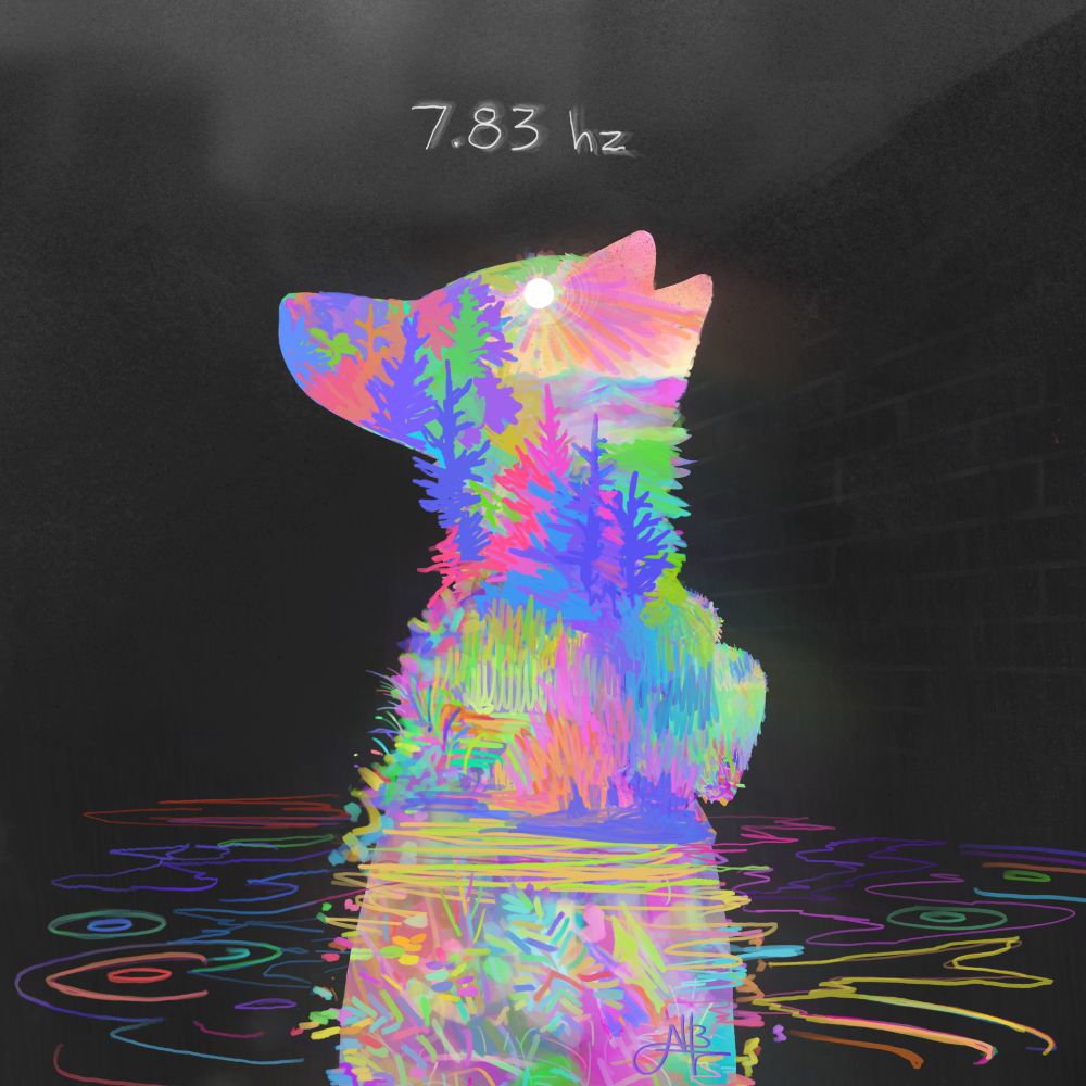 another technicolor not-silhouette, this time a more wolf like canine in front of a dark and achromatic gritty-textured city. this shape is full of plants and trees and emanates colorful ripples into the darkness around it. a white sun glows in the technicolor sky where its third eye sits. its head is tilted up as if in bliss despite the dark surroundings. #furryartist #transmascartist #furry #art