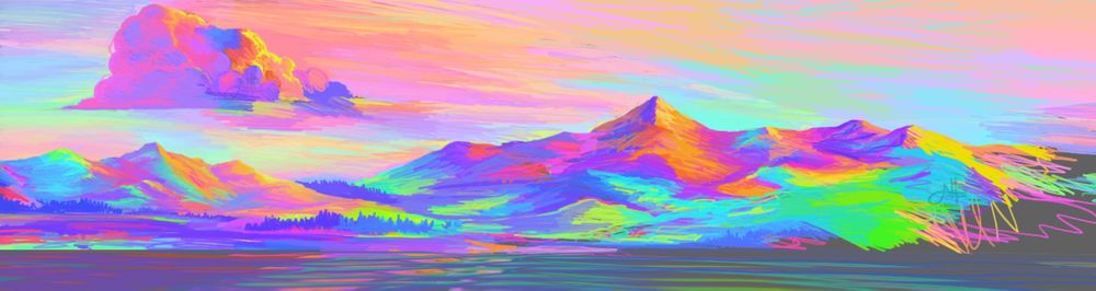 a #digitalpainting depicting a highly-chromatic, technicolor landscape, with mountains and trees and water and sky, all depicted in various hyper-saturated hues #digitalart #transartist
