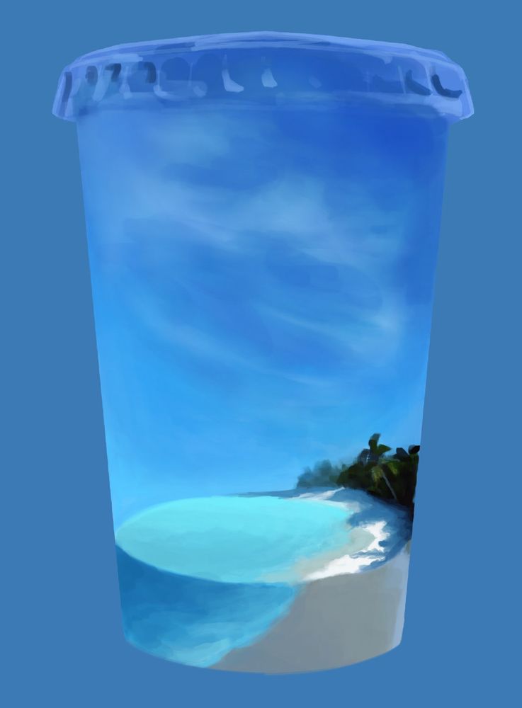 a digital painting sketch of a tropical white sand beach lined with palm trees and bright aquamarine water under a turquoise sky with only a few wisps of clouds, all inside a clear plastic cup