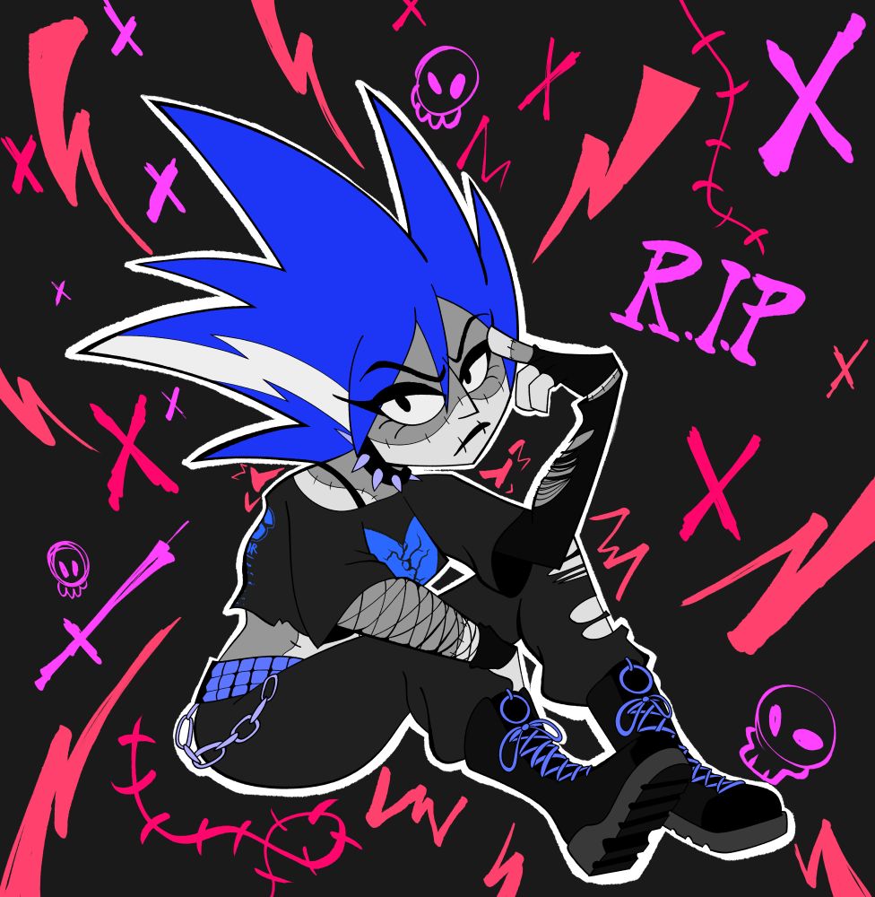 Kat Frankenstein, the reanimated daughter of Dr. Frankenstein, sitting in a punk outfit, looking grumpy.
