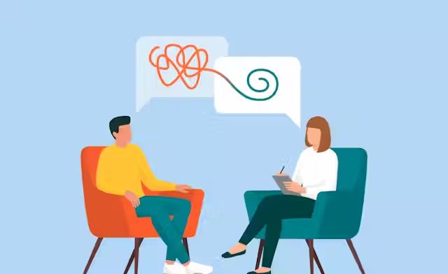 Illustration of a person consulting with a professional. The person has a tangled thought bubble, while the consultant has a speech bubble showing the tangled line transformed into a neat spiral, symbolizing clarity and guidance.
