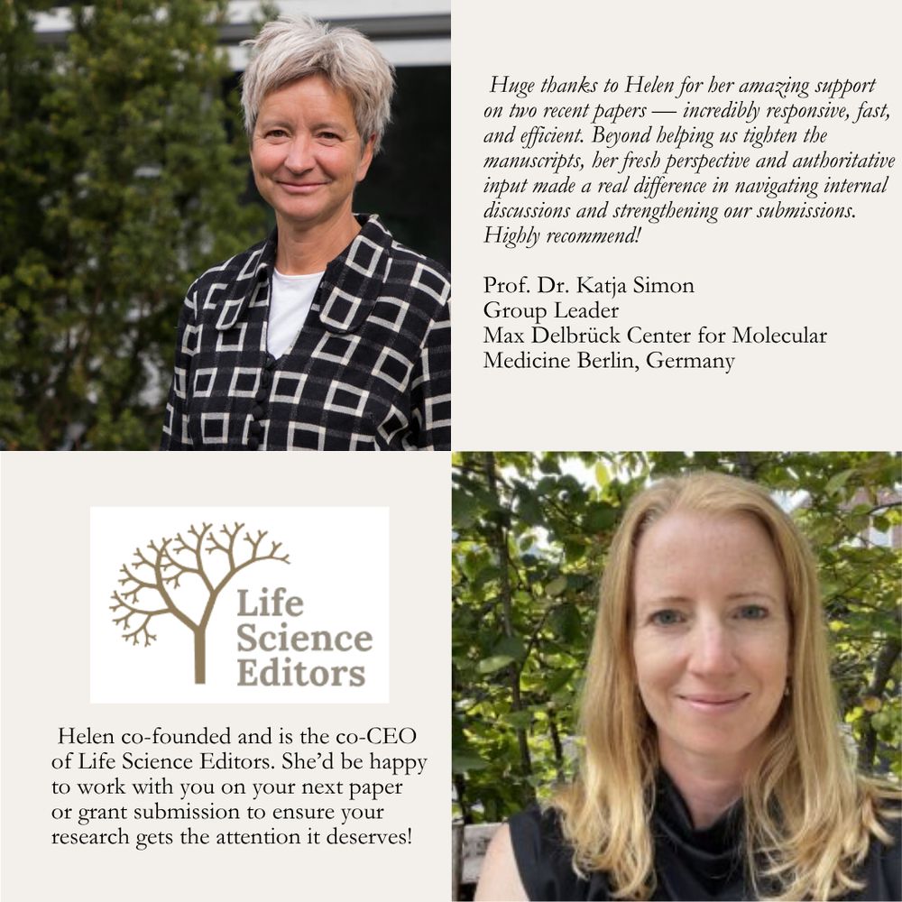 Testimonial graphic for Helen from Life Science Editors. The top left shows a portrait of Prof. Dr. Katja Simon, Group Leader at Max Delbrück Center for Molecular Medicine in Berlin, Germany. Beside her, a quote praises Helen for her support on two recent papers, describing her as responsive, fast, efficient, and offering a fresh, authoritative perspective. The bottom right features a portrait of Helen, co-founder and co-CEO of Life Science Editors. Bottom left displays the Life Science Editors logo, and a caption invites researchers to work with Helen on papers or grant submissions