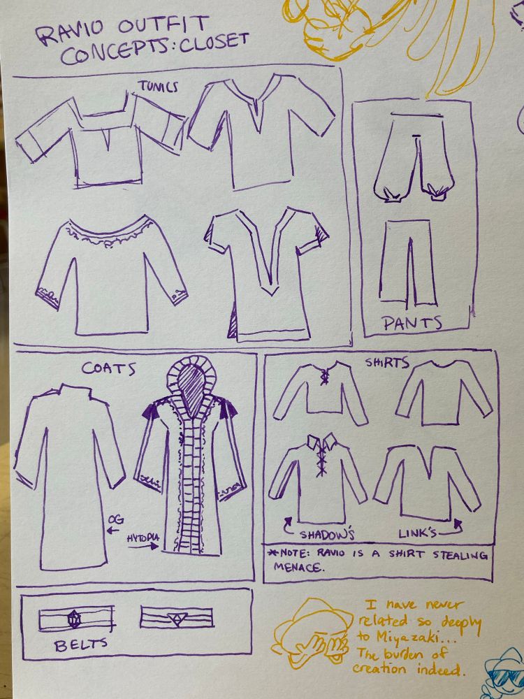 Purple ink doodle of clothes. At the top reads “ravio outfit concepts: closet” there are four tunics drawn in a box, two pants in another box, and two belts in another. A box labeled coats has two coats drawn; one is labeled OG and the other says Hytopia. In the shirt box, there are four shorts drawn, with one labeled “Shadow’s” and the other labeled “Link’s”. Underneath is captioned “*note: Ravio is a shirt stealing menace.”