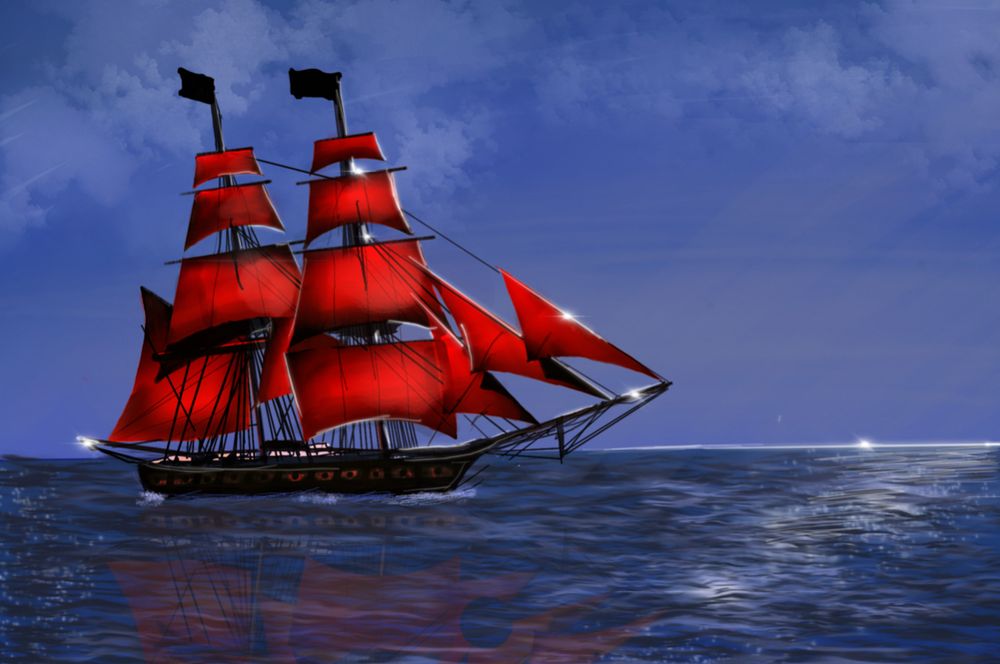 A red sailed brigantine ship drawn by Raven Youngblood 