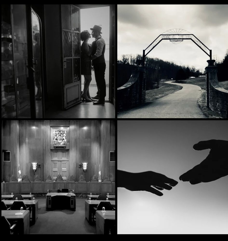 Black and white photo collage. Hands reaching, a court room, a couple kissing, a cemetery gate 
