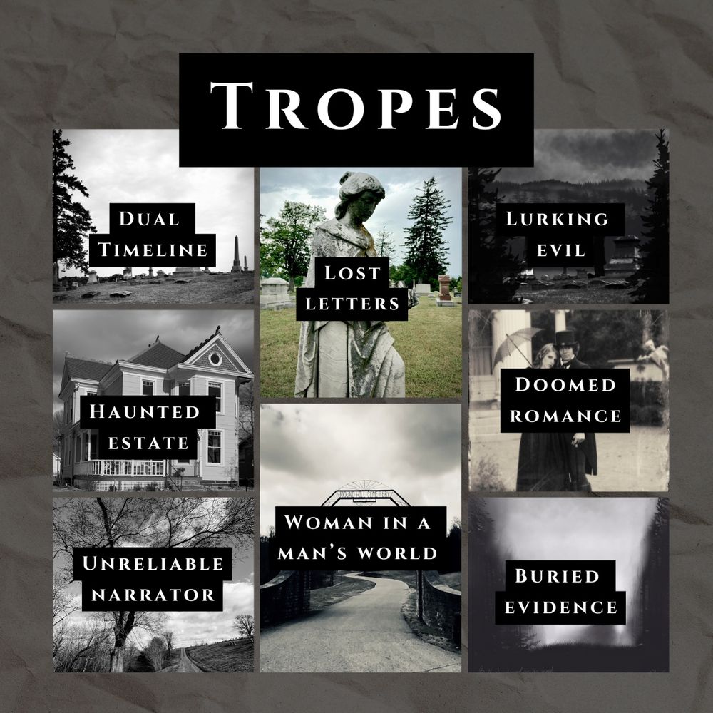 Tropes with spooky looking backgrounds. Haunted estate, unreliable narrator, woman in a man’s world, buried evidence, doomed romance 