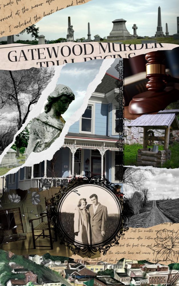 A collage of gothic feeling pictures. A Victorian house, torn letters, a smiling vintage couple, a cemetery 