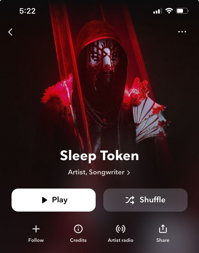 A screen shot of a Sleep Token artist playlist on Tidal.