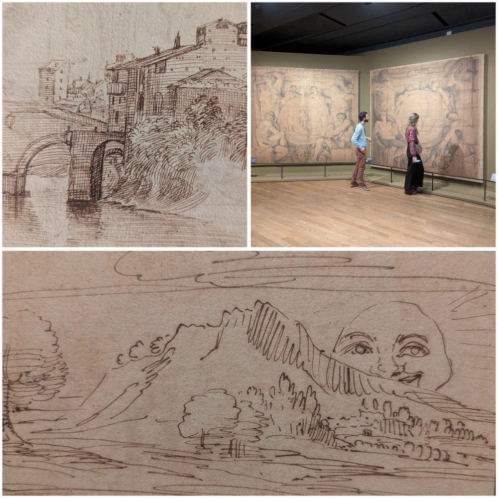 Trois photos
1) Vue du Ponte Sisto, sur le Tibre, entre le palais Farnèse et la villa Farnèsine
2) Exposition des grands cartons
3) Paysage au soleil tel un masque souriant jouant à cache-cache derrière la montagne