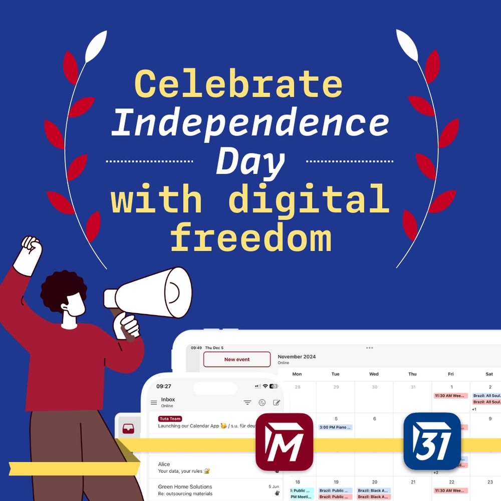 Screenshots of Tuta Mail and Tuta Calendar with the title: Celebrate Independence Day with digital freedom.
