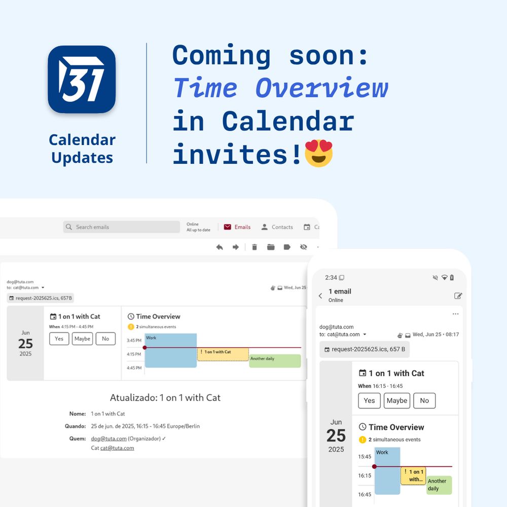 Title: Coming soon:
Time Overview
in Calendar
Calendar

with a Screenshot of the new features in the Tuta Calendar app