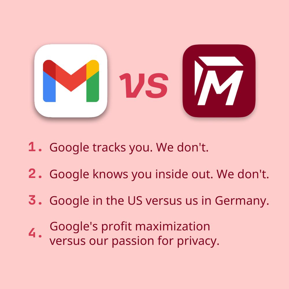 Gmail vs Tuta

1. Google tracks you. We don't.
2. Google knows you inside out. We don't.
3. Google in the US versus us in Germany.
4. Google's profit maximization
versus our passion for privacy.
