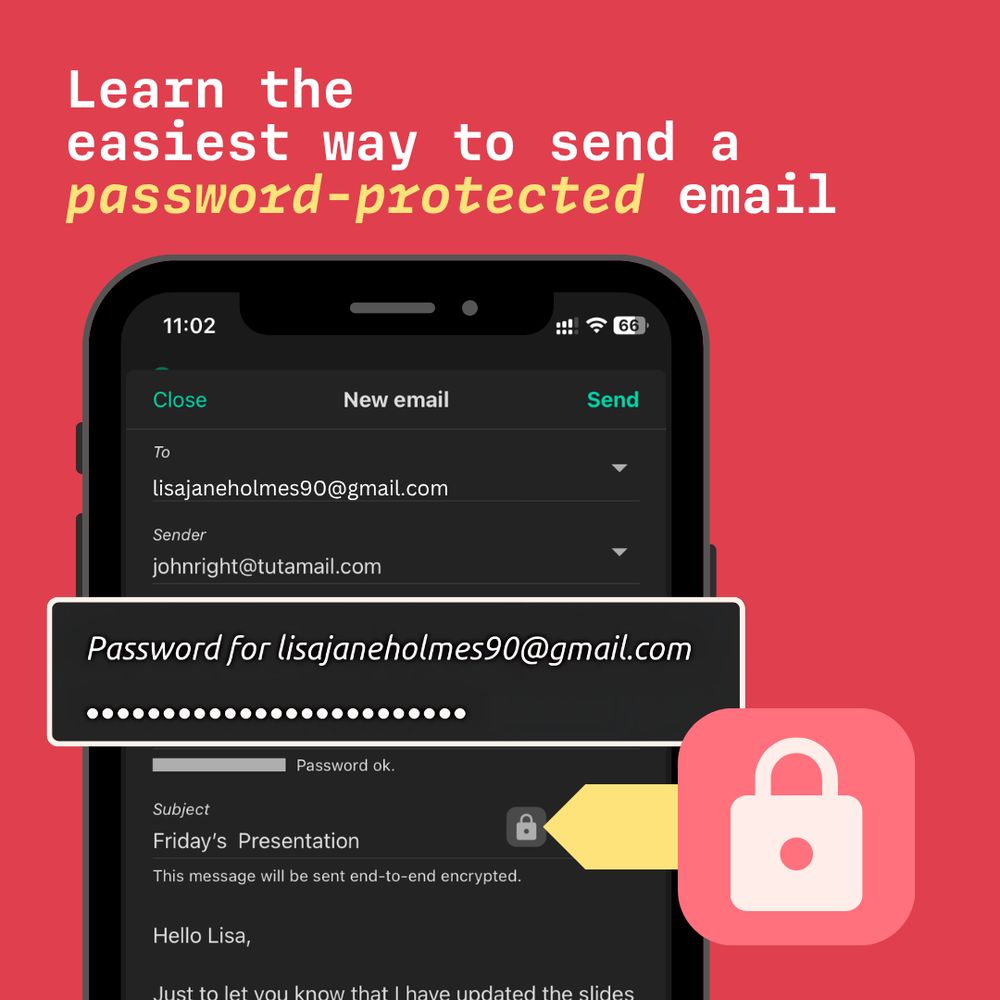 Image with a title "Learn the easiest way to send a password-protected email" with a mobile device showing the Tuta Mail interface  and how to send a password protected email. 
