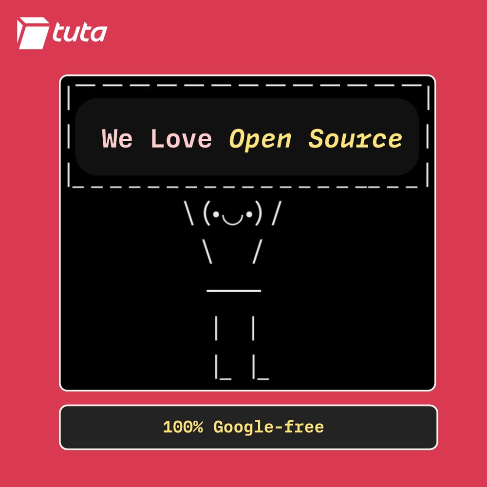 Stick figure holding a sign saying We love open source. At the bottom of the image a text reads 100% Google-free. 