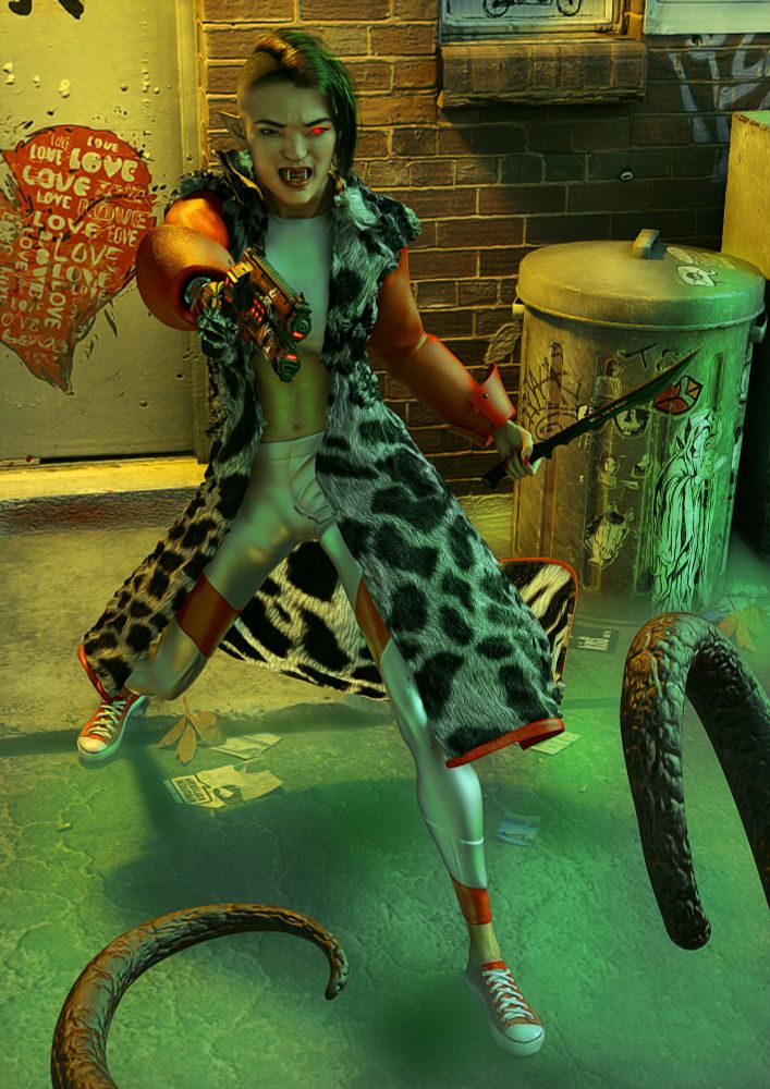An Orkish woman with Asian features points her gun at tentacles coming from off camera. She has a cybernetic eye and cybernetic arm, and she wears a fake fur boat with a white leopard pattern.