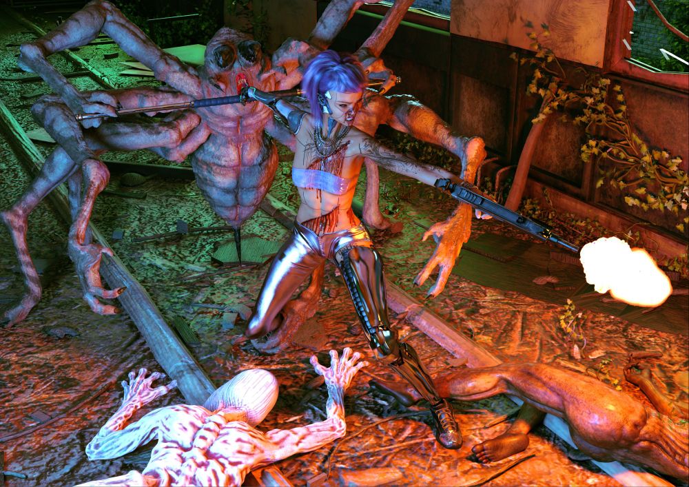 A woman with silver trousers and a chrome cybernetic leg fights a spider like mutant. She has a cybernetic arm and implant channels, and is heavily wounded, with bleeding gashes on her stomach, chest and face. Dead mutants lie at her feet and she fires an automatic pistol at something off camera.