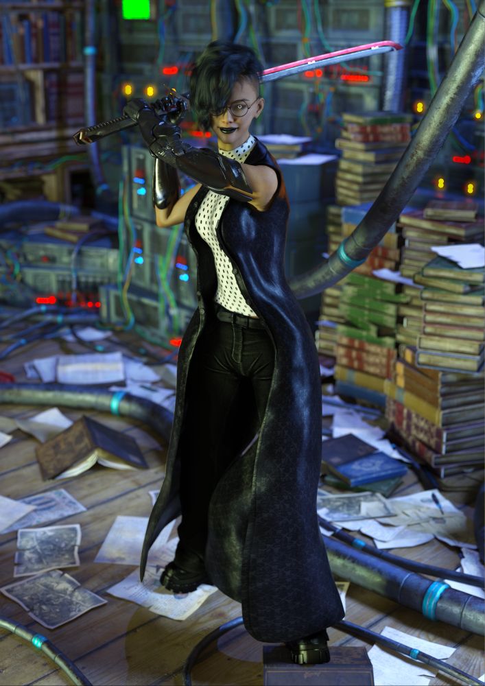 A white woman in a white rubber top with a polkadot pattern stands in a guard position with a futuristic sword. She has cybernetic arms and eyes, and a pair of round glasses. Behind her piles of books and old machinery stand illuminated by greenish light.