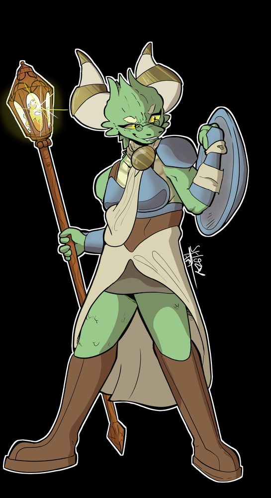 Sister Rathi drawn by Shozy. She's holding her staff and shield in a badass position. 

Rathi is inspired by Monster Hunter species Rathian.