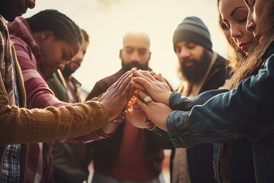 diverse hands holding hold hands circle to pray for God each other support together teamwork
