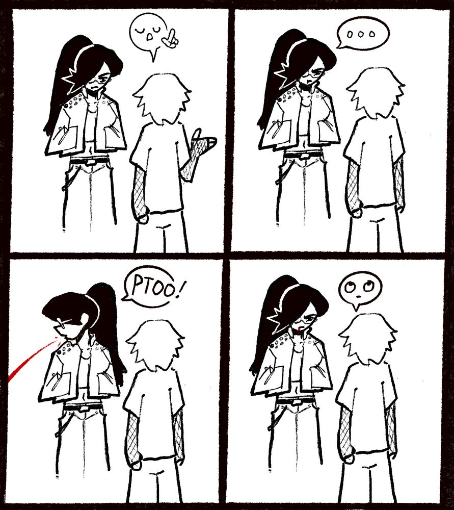 A four panel comic with two characters having a conversation. There is no real dialogue, only general moods given through emoji bubbles. The shorter character is talking reasonably, and the taller character hears it, digests, takes it in, and spits on the ground. the shorter character is annoyed by this.