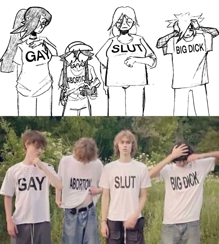 A redraw of a meme. Below is the original meme, four boys stand with white tee-shirts reading (left to right) 