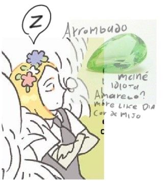 Print da hq com Yellow dormindo e uma imagem transparente de um diamante verde xingando yellow "Arrombado Mané Idiota, Amarelo? more like Dia cor de mijo"