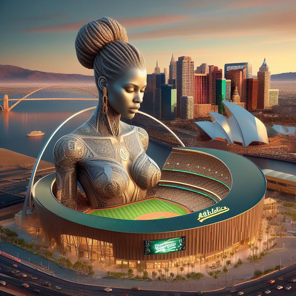 Insane AI image of a new Athletics stadium, with Sydney landmarks in the background and a giant woman's torso in the outfield